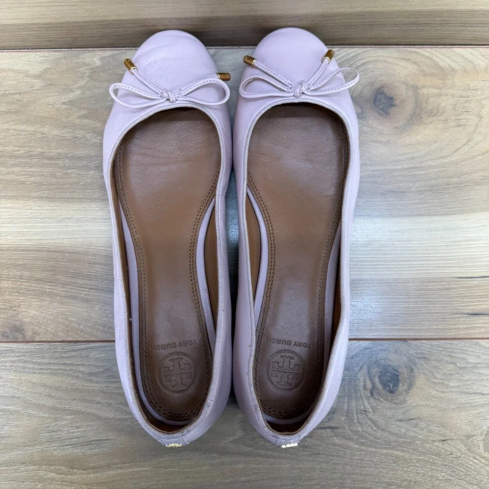 Tory Burch Bow Low Heeled Pumps 8 M Light Pink Soft Leather Chic Office Casual